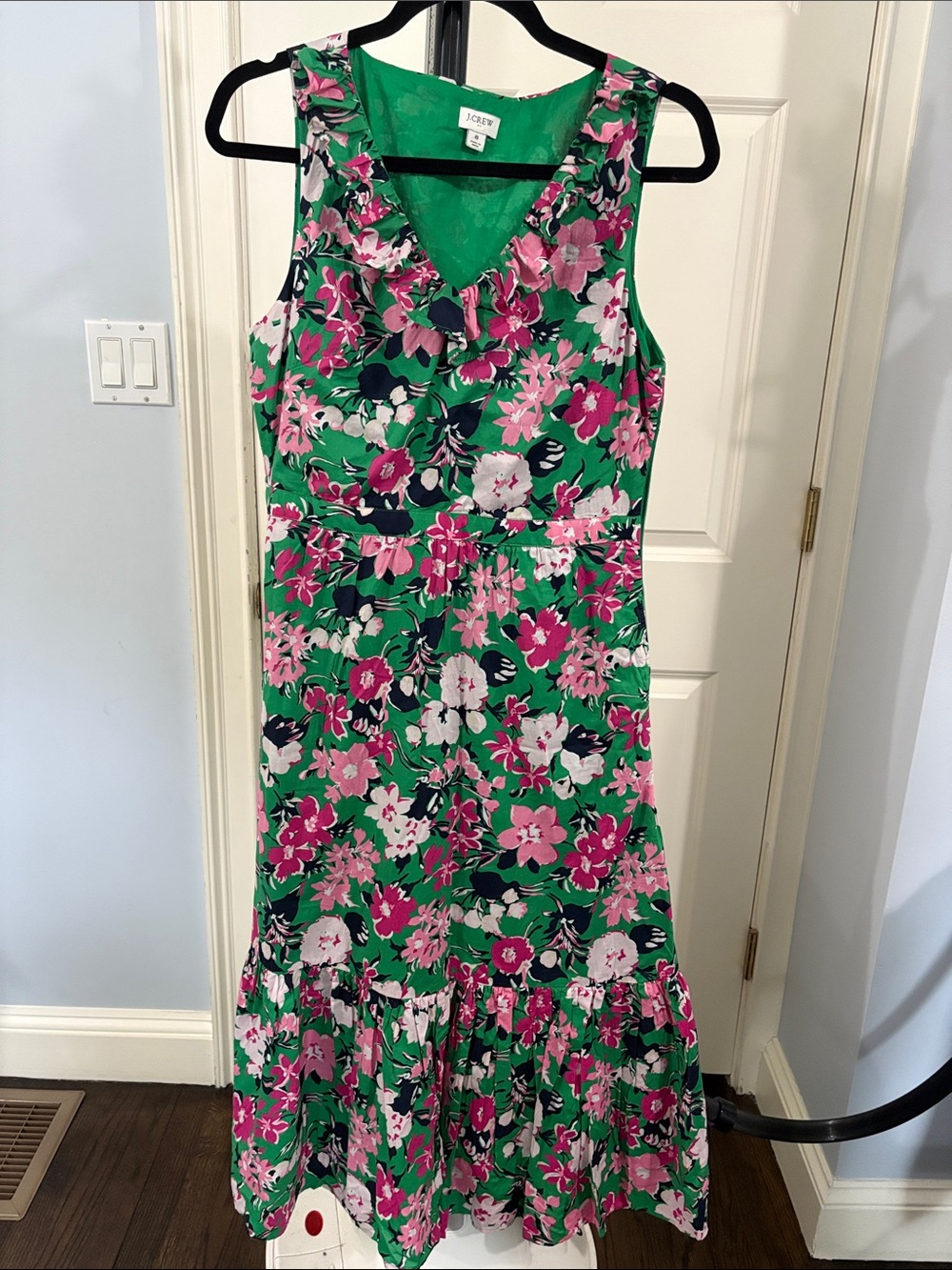 J. Crew Green Floral Sleeveless V-Neck Maxi Dress with Pink & White Blooms